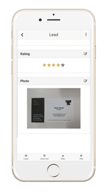 Lead Manager app 5 star rating business card photo