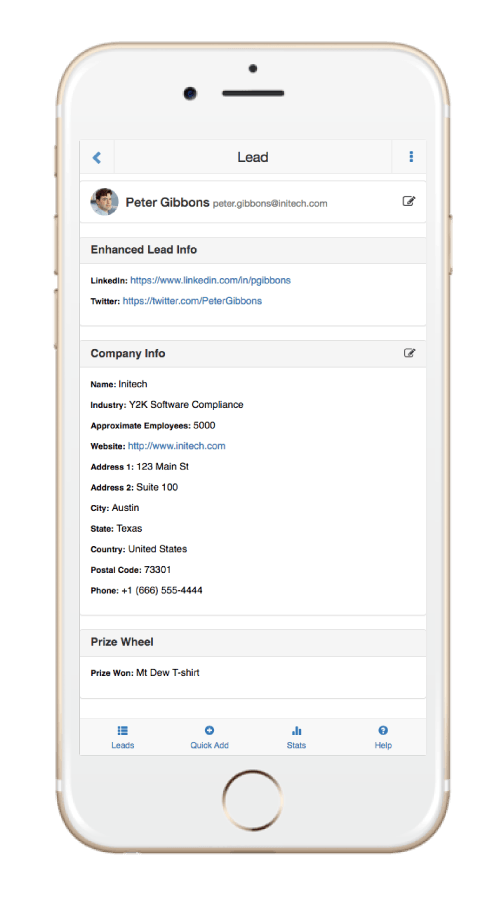 SocialPoint Lead Capture App Lead Information Screen